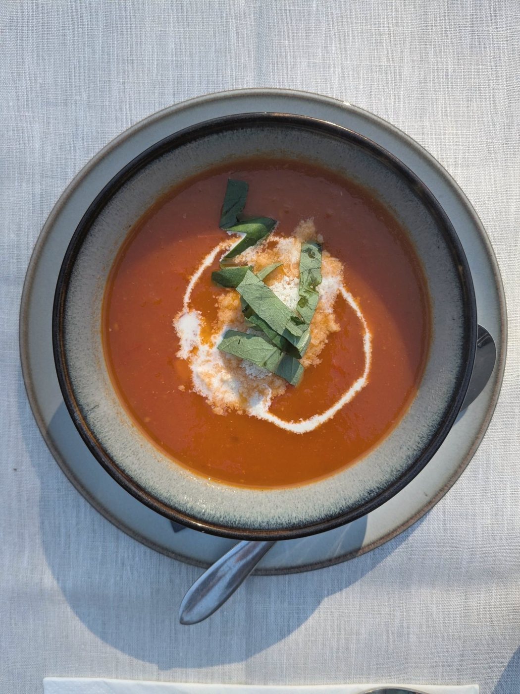 Kom huisgemaakte tomatensoep met basilicum